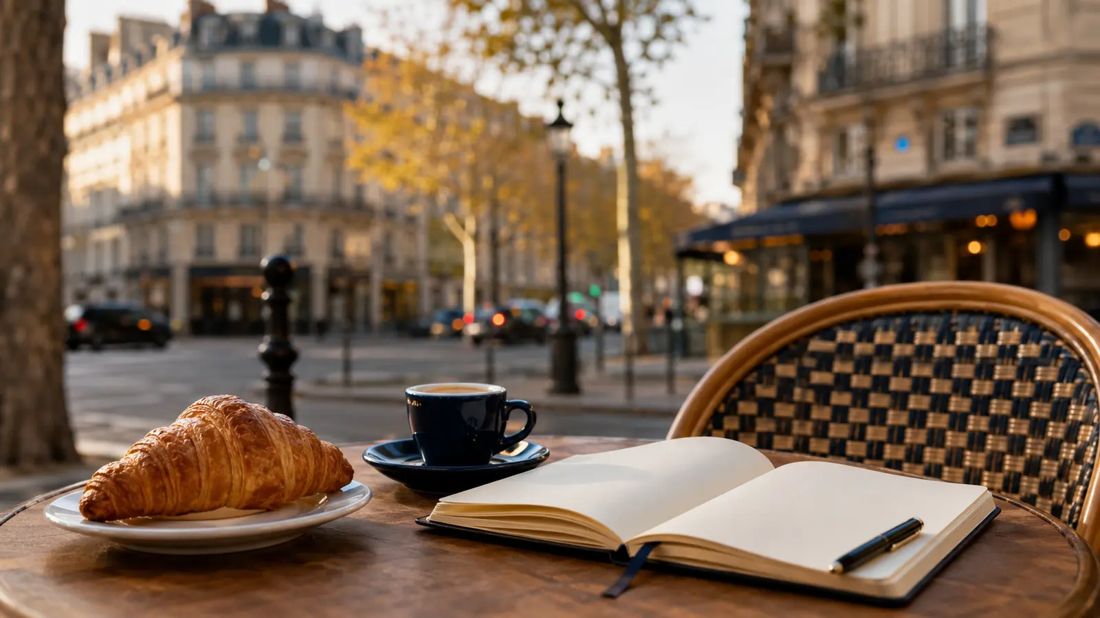 Französischkurs: Café-Tisch mit Croissant und Notizbuch