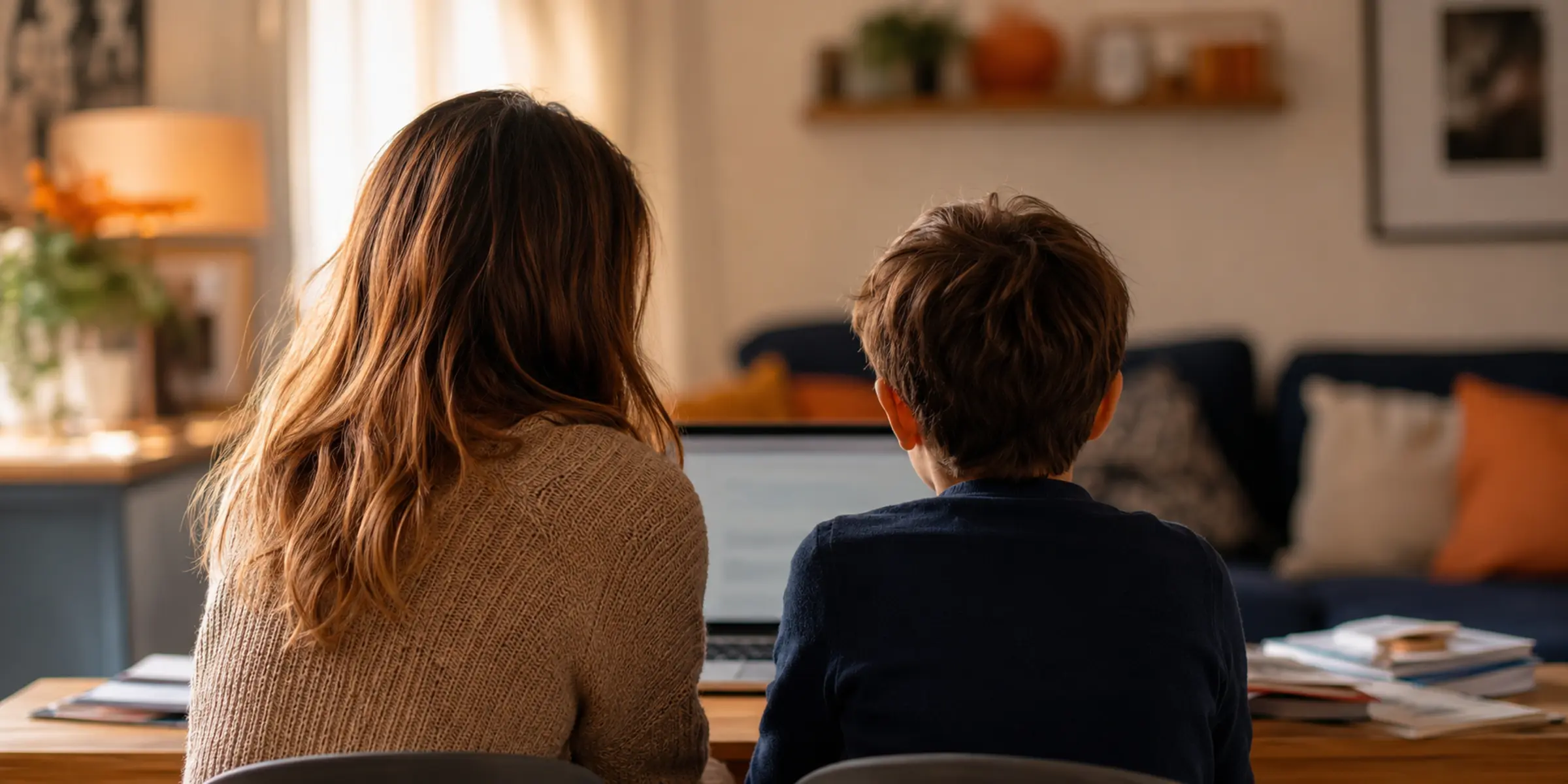 Elternteil und Kind lernen gemeinsam am Laptop