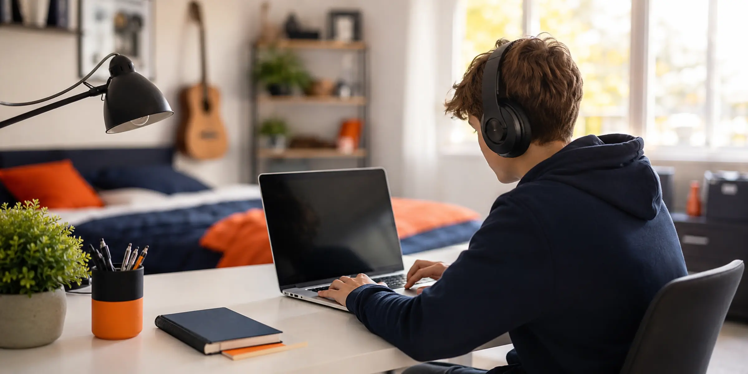 Jugendlicher lernt konzentriert am Laptop