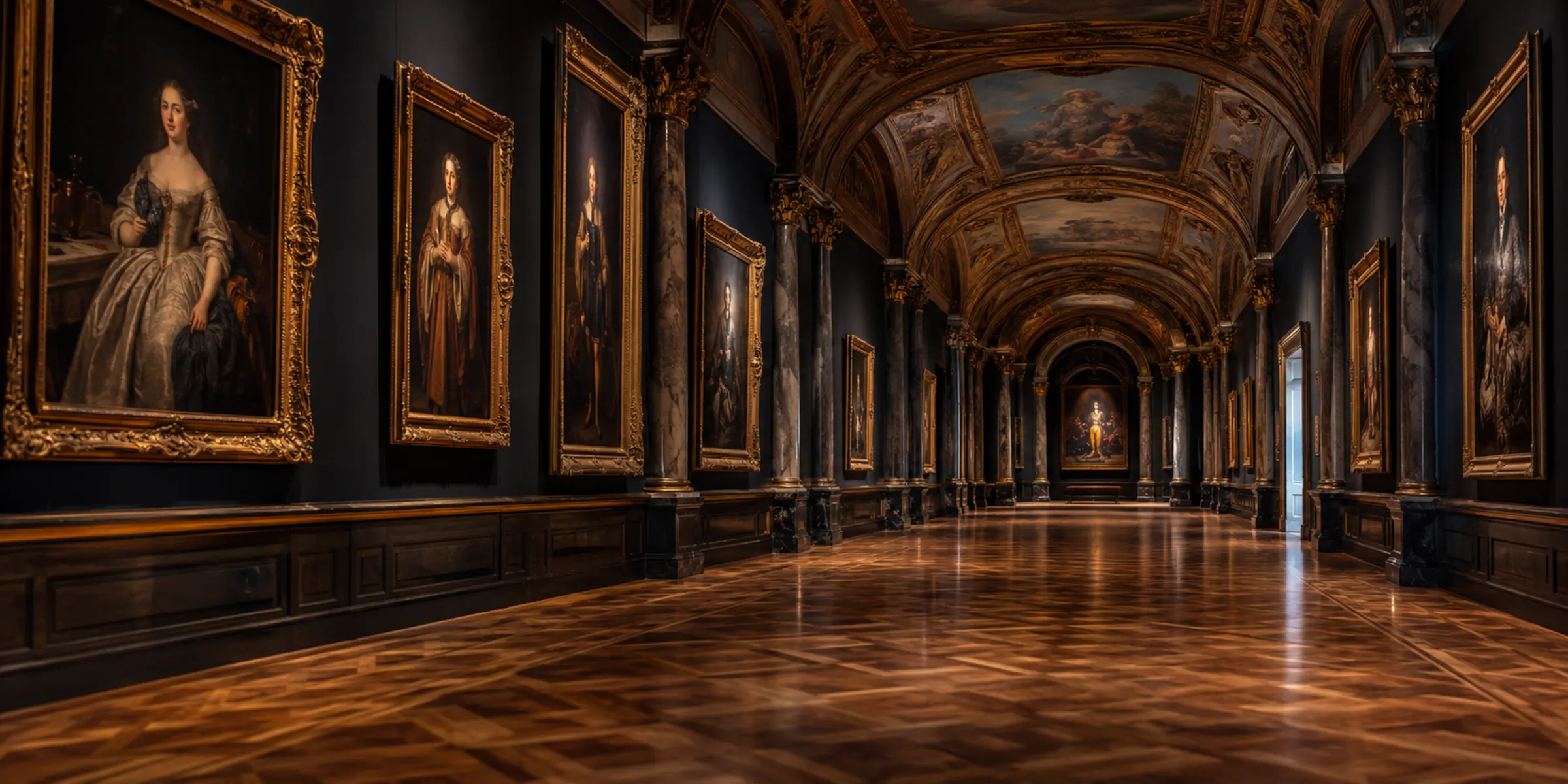 Galerie mit historischen Porträts im warmen Museumslicht